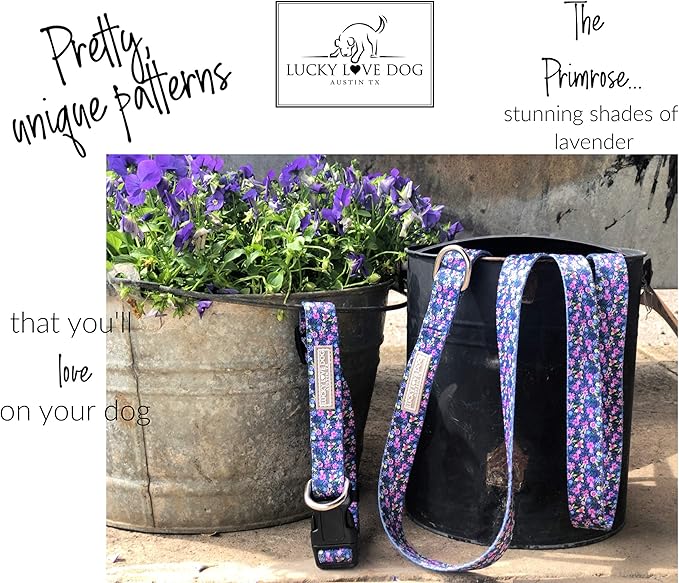 Lucky Love Dog, Matching Dog Collar & Leash Set for Female Dogs, Soft, Adjustable, Safe for Training and Walking, Black & Purple Floral Print, Primrose Combo, XS LuckyLoveDog