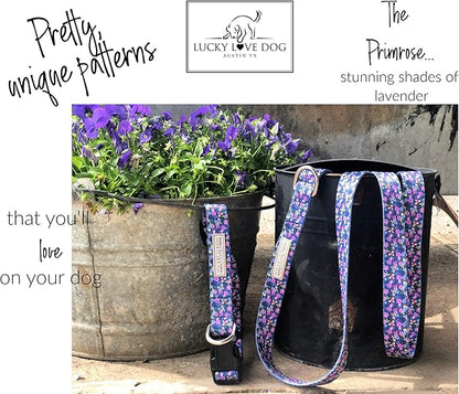 Lucky Love Dog, Matching Dog Collar & Leash Set for Female Dogs, Soft, Adjustable, Safe for Training and Walking, Black & Purple Floral Print, Primrose Combo, XS LuckyLoveDog