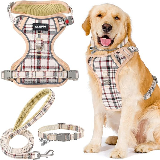 GAMUDA Dog Harness Collar and Leash Set, Dog Harness, No Chock No Pull Adjustable Vest Harnesses Plaid Reflective for Medium Dog, Cat, Small Horse, Small Bull and Pig (Beige, XL) GAMUDACollarsCollection