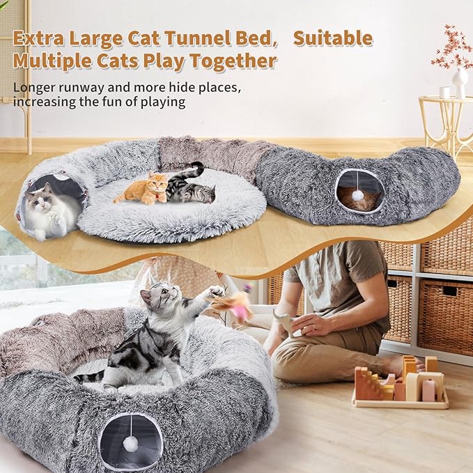 Odoland Large Cat Tunnels for Indoor Cats Fluffy Cat Bed and Detachable Cat Cave Tunnels with 20 Cat Toys, Cat Donut Tunnel and Variety Kitten Toy Set for Chewing Playing - PAWPICO