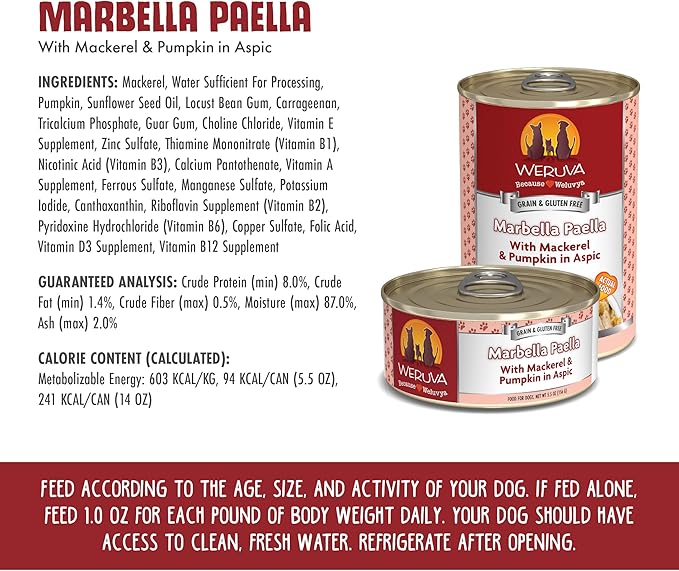 Weruva Classic Dog Food, Marbella Paella with Mackerel & Pumpkin in Aspic, 5.5Oz Can (Pack of 24) - PAWPICO