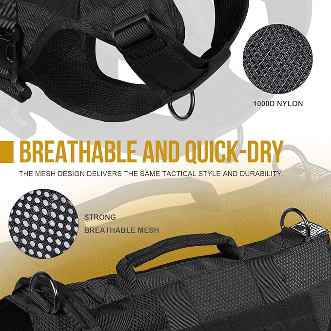 OneTigris No Pull Tactical Dog Harness for Medium Dog, Mesh Design Breathable Military Dog Molle Vests with Handles, Service Dog Vest Harness for Walking Hiking Training (L, Black) OneTigris