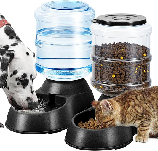 2 Pack Automatic Cat Feeder and Water Dispenser in Set Pet Food Bowl for Small Medium Dog Pets Puppy Kitten Big Capacity 1 Gallon x 2 (Dark Black) - PAWPICO