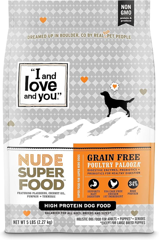 I and love and you Nude Super Food Dry Dog Food - Turkey + Chicken - Prebiotic + Probiotic, Grain Free, Real Meat, No Fillers, 23lb Bag - PAWPICO