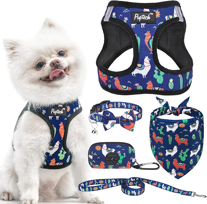 PUPTECK Adjustable Dog Harness Collar and Leash Set, Step in No Pull Pet Harness for Small Medium Dogs Puppy Cats Outdoor Walking, Soft Mesh Padded Reflective Vest Harnesses, Navy Blue Alpaca, S PUPTECK