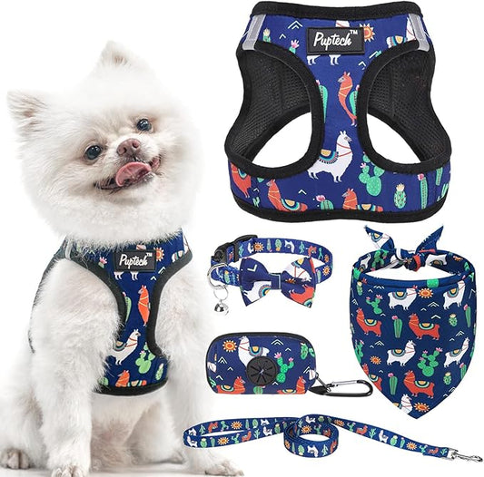 PUPTECK Adjustable Dog Harness Collar and Leash Set, Step in No Pull Pet Harness for Small Medium Dogs Puppy Cats Outdoor Walking, Soft Mesh Padded Reflective Vest Harnesses, Navy Blue Alpaca, S PUPTECK