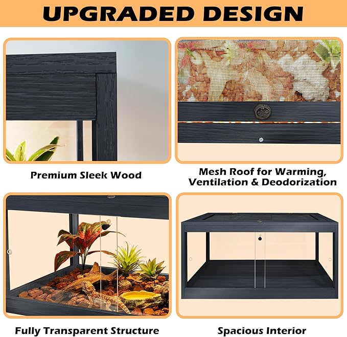63 Gallon Terrarium, Reptile Habitat, Durable Quality, Suitable for All Types of Reptile, Hamsters, Snakes, 40“ Wide, Black PROLEE