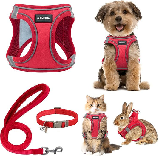 GAMUDA Small Pet Harness Collar and Leash Set, Step in No Chock No Pull Linen Fabric Soft Mesh Dog Vest Harnesses Reflective for Dogs Puppy Cats Kitten Rabbit (Red, XS) GAMUDACollarsCollection