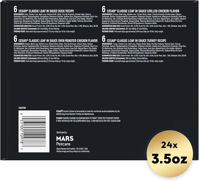 CESAR Adult Wet Dog Food Classic Loaf in Sauce Poultry Variety Pack,. Easy Peel Trays with Real Chicken, Turkey or Duck, 3.5 Ounce (Pack of 24) - PAWPICO