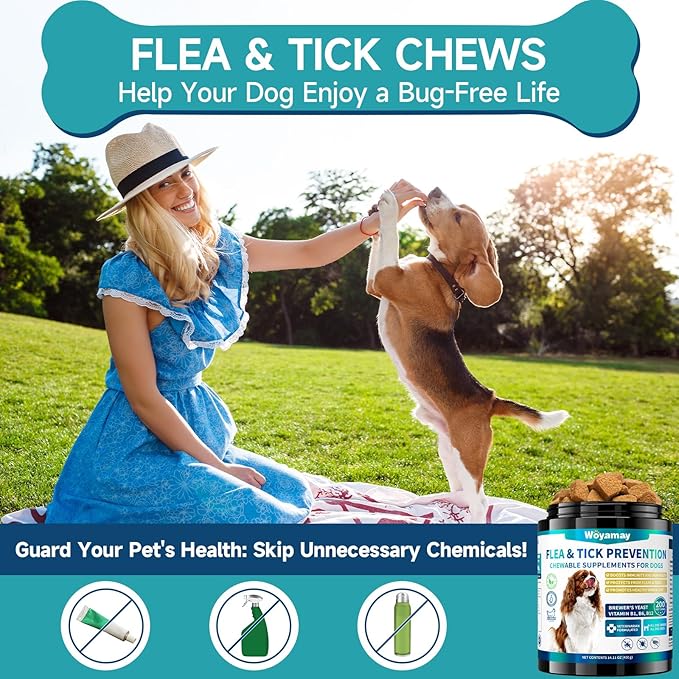 Flea and Tick Prevention for Dogs Chewables, 200 Soft Treats, Natural Dog Flea and Tick Treatment, Oral Flea Pills for Dogs Supplement, Flea and Tick Chews for Dogs Puppies, All Breeds & Sizes Woyamay