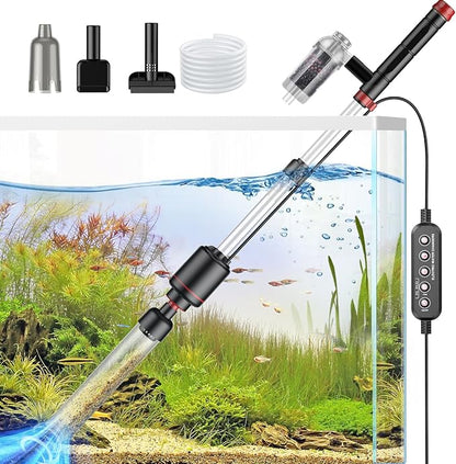 36W Fish Tank Vacuum Gravel Cleaner: Electric Aquarium Cleaner Vacuum with Strong Suction for Water Change Wash Sand Water Shower and Water Circulation, Timed Off Suness