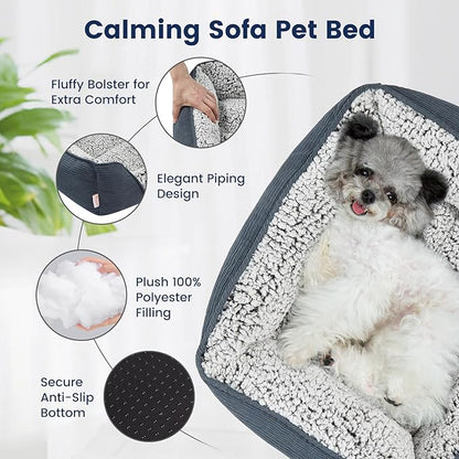 Miguel Washable Dog Bed with Removable Cushion for Medium Small Dogs, Easy to Wash Pet Sofa Bed with Side, Rectangle Bolster Cat Bed Calming Cuddle Puppy Bed with Anti-Slip Bottom, Blue 30 Inch - PAWPICO