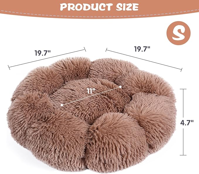 Cat Bed Cute, 19.7" Washable Kahki Donut Bed for Indoor Cats and Small Dogs, Soft Calming Cute Flower Fluffy Round Donut Cat Beds, Anti Anxiety Pet Bed, Self-Warming Bed,Khaki - PAWPICO