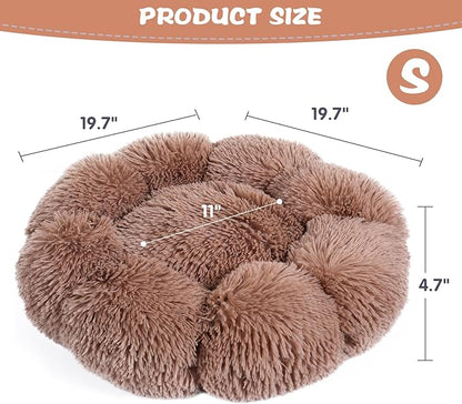 Cat Bed Cute, 19.7" Washable Kahki Donut Bed for Indoor Cats and Small Dogs, Soft Calming Cute Flower Fluffy Round Donut Cat Beds, Anti Anxiety Pet Bed, Self-Warming Bed,Khaki - PAWPICO