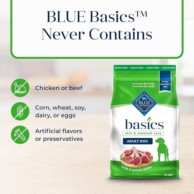 Blue Buffalo Basics Grain-Free Dry Dog Food for Adult Dogs, Limited Ingredient Diet, Lamb Recipe, 22-lb. Bag - PAWPICO
