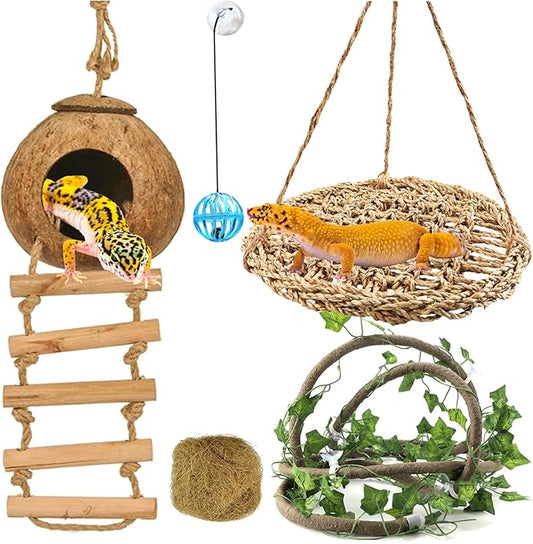 Crested Gecko Tank Accessories, Reptile Hammock and Vines Plants, Coco Hut Coconut Shell with Ladder Hideout Cave Habitat Decor for Lizard Leopard Gecko Tortoise Amphibians Hermit Crab BUYNOW