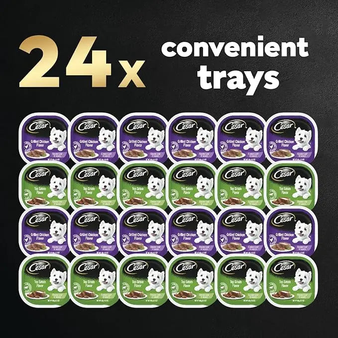 CESAR Wet Dog Food Classic Loaf in Sauce Top Sirloin & Grilled Chicken Flavors Variety Pack, (12) 3.5 oz. Easy Peel Trays, Pack of 2 - PAWPICO