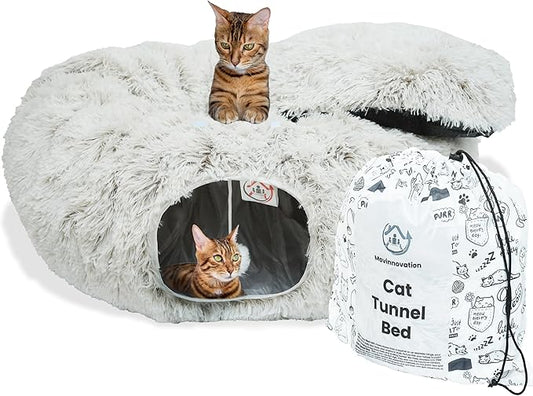 Large Cat Tunnel Bed for Indoor Cats Warm Fluffy Plush Cat Cave Tunnel Bed Collapsible, Washable, 3 Way and Multifunctional with Dangling Balls for Cats, Kittens and Rabbits- Brown - PAWPICO