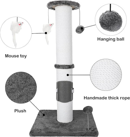 34 Inches Cat Scratching Post Heavy Duty and Thicker Cat Self Grooming with Hanging Toys and Sturdy Handmade Rope, Grey - PAWPICO