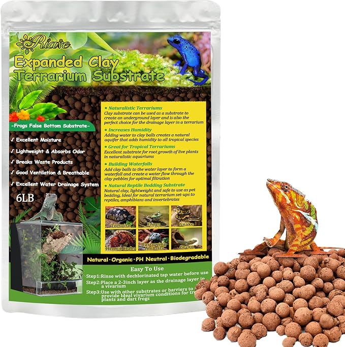 Riare 6LBS Expanded Clay Balls Terrarium Substrate for Reptiles - 100% Organic Lightweight Clay Pebbles Substrate Frogs False Bottom Substrate, Bioactive Terrarium Substrate for Drainage and Moisture Riare