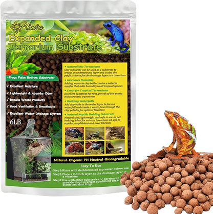 Riare 6LBS Expanded Clay Balls Terrarium Substrate for Reptiles - 100% Organic Lightweight Clay Pebbles Substrate Frogs False Bottom Substrate, Bioactive Terrarium Substrate for Drainage and Moisture Riare