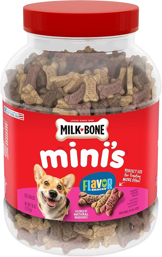 Milk-Bone Mini's Flavor Snacks Dog Treats Bundle: 36 Ounce Canister + 2 Refill Packs - PAWPICO