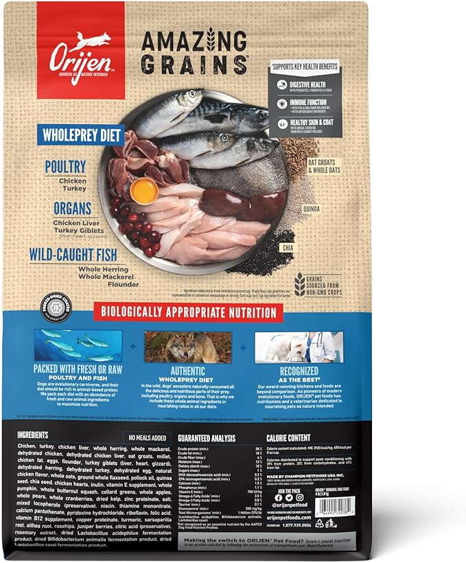 ORIJEN Amazing Grains Original Dry Dog Food, High Protein Dog Food, Fresh or Raw Ingredients - PAWPICO