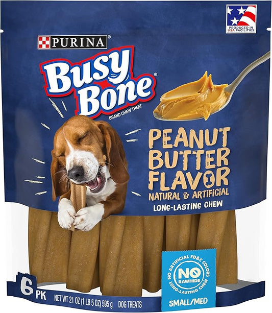 Purina Busy Bone Made in USA Facilities, Long Lasting Small/Medium Breed Adult Dog Chews, Peanut Butter Flavor - 6 Count (Pack of 1) - PAWPICO