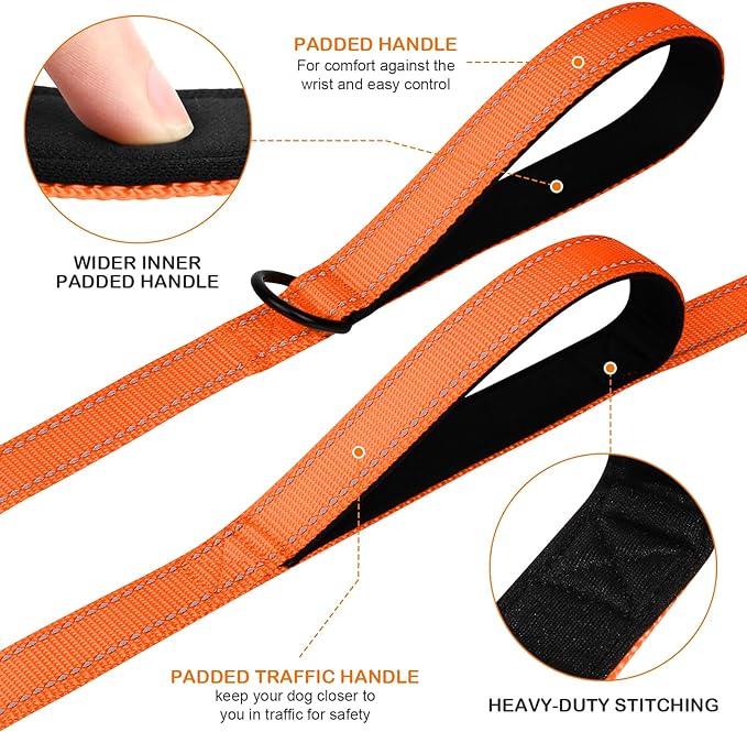 Joytale Dog Leash Heavy Duty for Large Dogs That Pull, Double Handle for Traffic Control, Double-Sided Reflective Leashes for Large Medium Dogs Night Safety, 4FT, Orange Joytale
