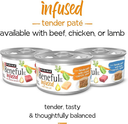 Purina Beneful Infused Wet Pate Dog Food with Real Chicken, Carrots and Spinach, with Fish Oil for Dogs - (8 Packs of 3) 3oz. Sleeves - PAWPICO