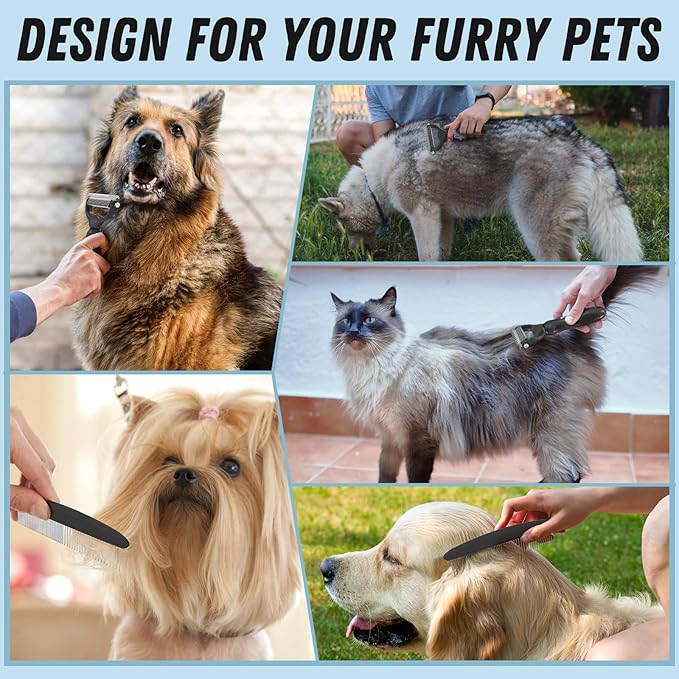 Pet Grooming Combo: Undercoat Rake, Dematting Deshedding Brush for Long-Haired Dogs and Cats, Black - PAWPICO