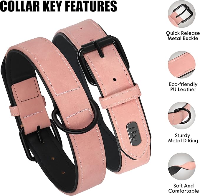 Didog Soft Padded Leather Dog Collar, Breathable Heavy Duty Dog Collar Leather with Adjustable Rust-Proof Metal Buckle for Small Medium Large Dogs, Pink, L Didog