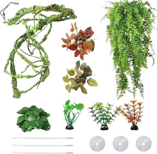 kathson 8 PCS Reptile Vines Plants Flexible Bendable Jungle Climbing Vine Terrarium Plastic Plant Leaves Pet Tank Habitat Decor for Bearded Dragons Lizards Geckos Snakes Frogs and More Reptiles kathson