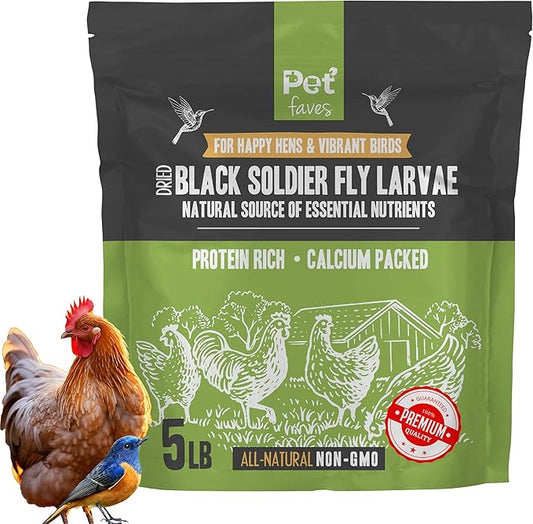 Premium Dried Black Soldier Fly Larvae for Chickens, High Protein Chicken Feed - All-Natural, Non-GMO Treat for Feather Growth and Immune Support - Ideal for Chickens, Ducks, and Quails - 5lb PetFaves