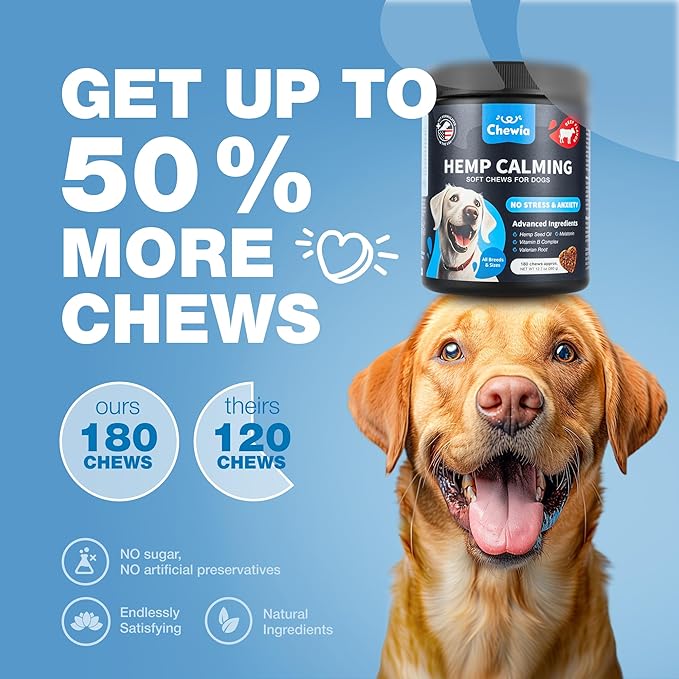 Hemp Calming Chews for Dogs - Dog Calming Treats - Anxiety Relief for Dogs with L-Theanine, Chamomile Extract, Valerian Root - Dog Anxiety Relief for Travel, Vet Visits, Thunderstorms, Nail Trimming CHEWIA