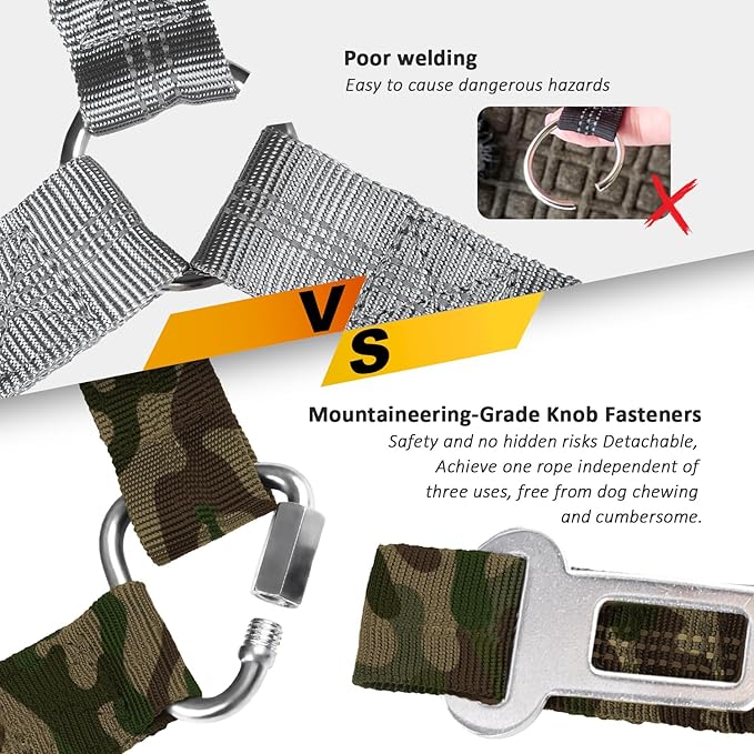 Removable Dog Seat Belt Harness for Car, 3 in 1 Pet Dog Car Seatbelt Leash, Retractable Restraint Secures to Vehicle Headrest & Adjustable Reflective Bungee Dog Seatbelt Tether, Camouflage - PAWPICO