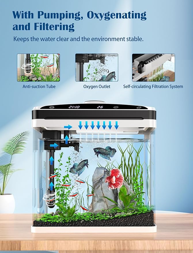 Fish Tank, Aquarium Fish Tank 3 Gallon with SmartClean Technology, 7 Color Light, Temperature Display for Betta Shrimp Guppy Jellyfish Goldfish PAWPICO