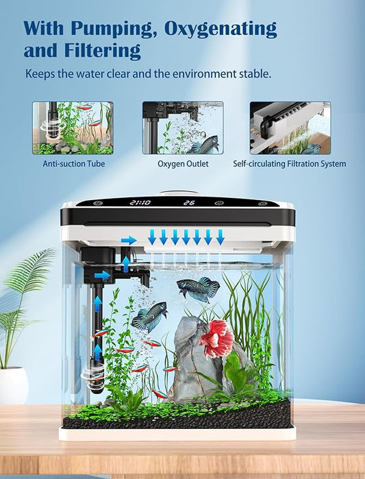 Fish Tank, Aquarium Fish Tank 3 Gallon with SmartClean Technology, 7 Color Light, Temperature Display for Betta Shrimp Guppy Jellyfish Goldfish PAWPICO