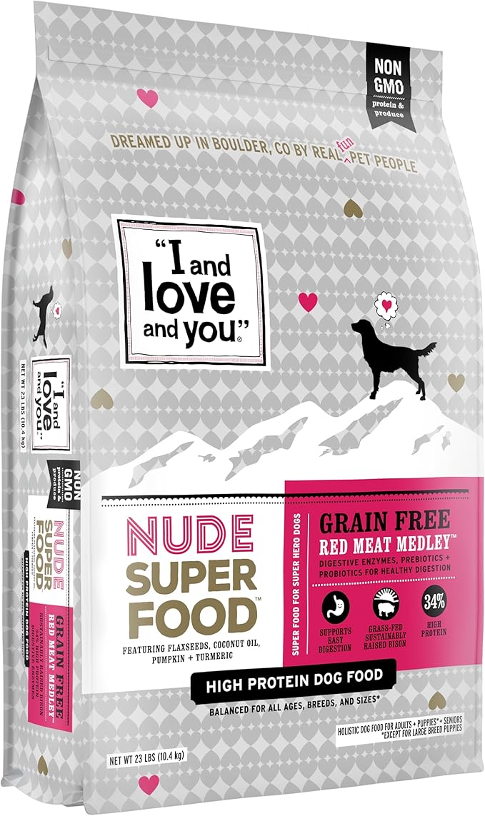 I and love and you Nude Super Food Dry Dog Food - Red Meat Medley - Prebiotic + Probiotic, Grain Free, Real Meat, No Fillers, 23lb Bag - PAWPICO