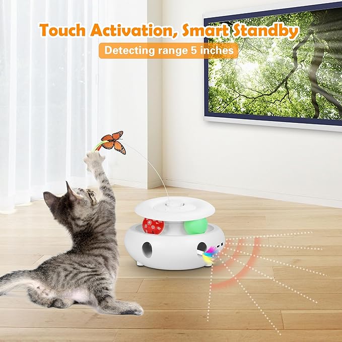 3-in-1 Interactive Cat Toys for Indoor Cats, Automatic 6 Holes Mice Whack-A-Mole, Fluttering Butterfly, Track Balls, USB Rechargeable, Ultra Fun Smart Interactive Kitten Toy (Ivory White) - PAWPICO