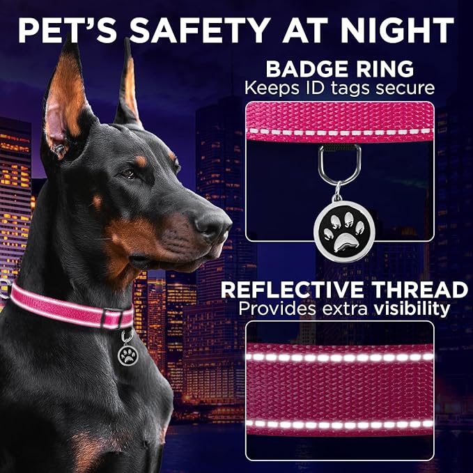 TECEUM Reflective Pet Collar – Hot Pink – XS – Basic Nylon Dog Collar – Quick Release Buckle – Fits Small, Medium and Large Dogs, Puppies, Cats – ESA & Service Dog Options TECEUM