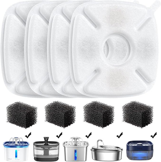 Veken Cat Water Fountain Filter, Classic 4 Pack Replacement Filters & 4 Pack Replacement Pre-Filter Sponges for 67oz, 95oz, 135oz Automatic Pet Fountain Dog Water Dispenser - PAWPICO
