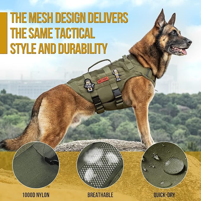 OneTigris No Pull Tactical Dog Mesh Harness for Medium Dogs, Aire Mesh Breathable Military Dog Molle Vests with Handles, Service Dog Vest Harness for Walking Hiking Training Green OneTigris