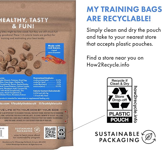 Buddy Biscuits Trainers 10 oz. Pouch of Training Bites Soft & Chewy Dog Treats Made with Bacon Flavor - PAWPICO