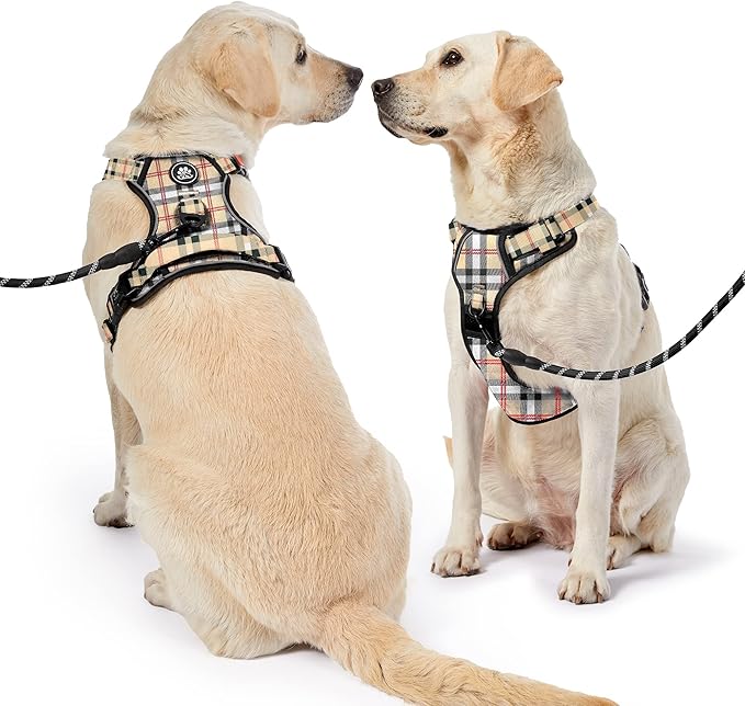 NESTROAD No Pull Dog Harness with Leash, Reflective No Choke Pet Vest Harness,Adjustable Soft Padded Dog Harness with Easy Control Handle for Small Dogs(Checkered Beige,Small) NESTROAD
