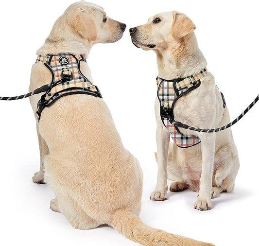 NESTROAD No Pull Dog Harness with Leash, Reflective No Choke Pet Vest Harness,Adjustable Soft Padded Dog Harness with Easy Control Handle for Medium Dogs(Checkered Beige,Medium) NESTROAD