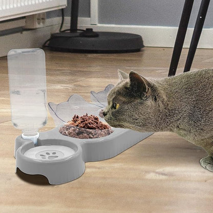 Triple Cat Bowls,15°Tilt 3-in-1 Water Feeder Bowls Cat Double Food Bowls with Automatic Water Bottle Bowl, Whisker Friendly Wet and Dry Cat Elevated Feeding Dishes for Small Cat and Puppy (Lead White) - PAWPICO