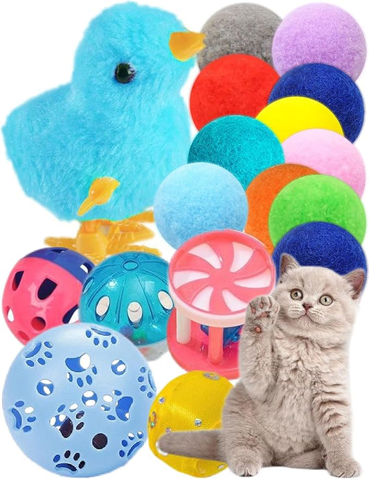 Cat Toys, 15 Pieces Set, Includes Kitten Toys, Like Plush Balls and a Mechanical Chick, Bell Balls, and Soft Toys for Indoor Cats to Play and Stay Active, Safe Materials for Hours of Fun - PAWPICO