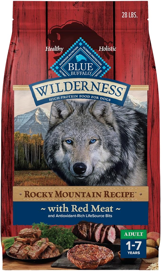Blue Buffalo Wilderness Rocky Mountain Recipe High-Protein Adult Dry Dog Food, Made in the USA with Natural Ingredients Plus Wholesome Grains, Red Meat, 28-lb. Bag - PAWPICO
