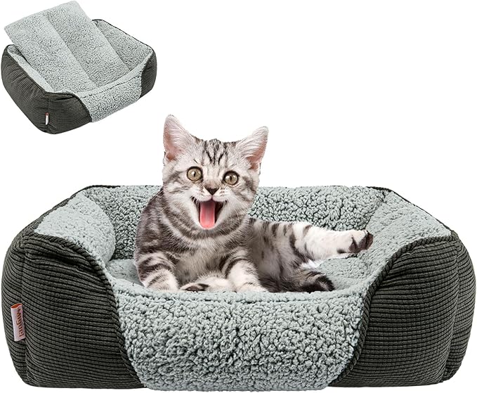 Miguel Washable Cat Beds for Indoor Cats with Removable Cushion, Easy to Wash Small Pet Sofa Bed with Side, Rectangle Bolster Kitten Bed Calming Cuddle Puppy Bed with Anti-Slip Bottom, Gray 18 Inch - PAWPICO